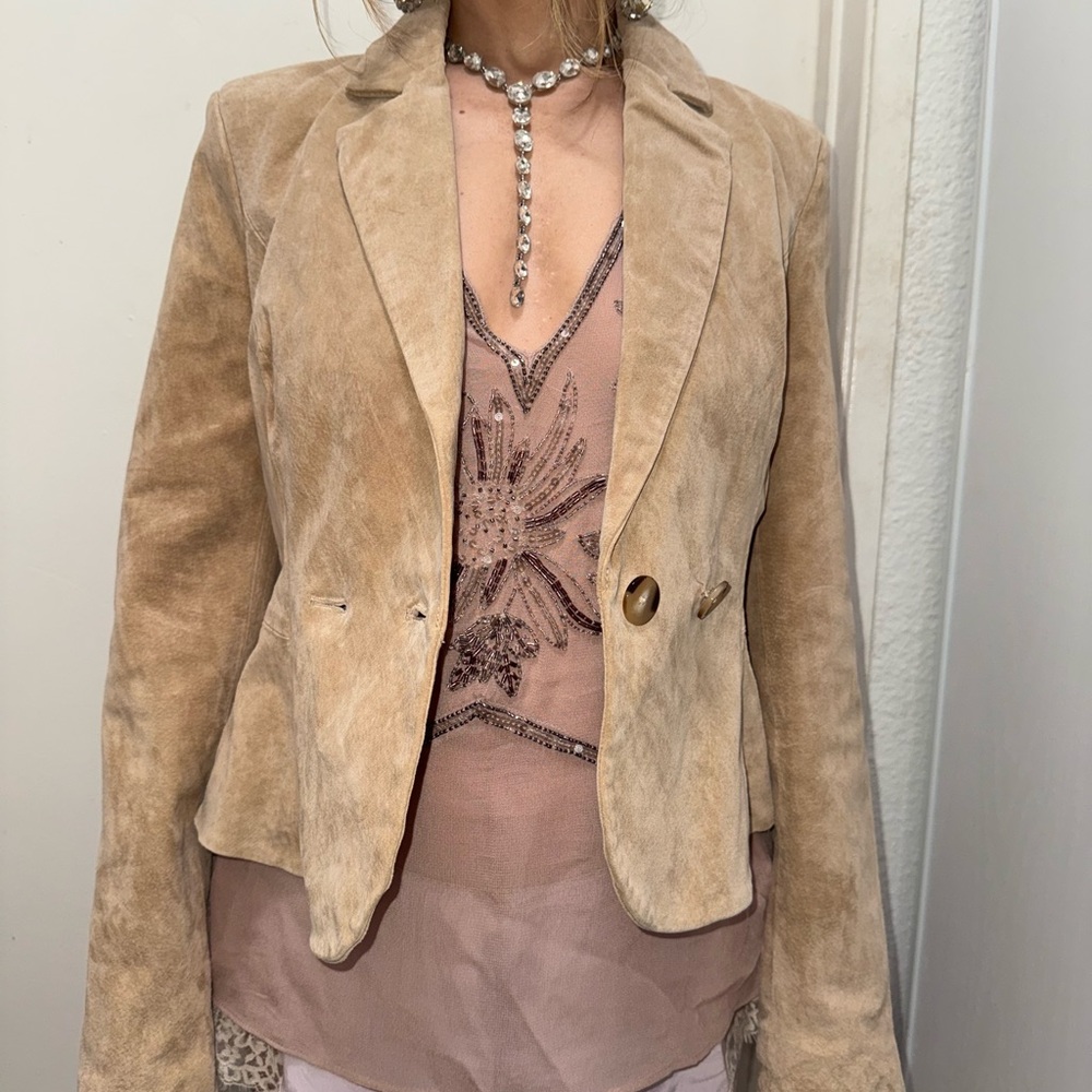 Suede Double-Breasted Tan Women's Blazer Jacket Zara Leather Collection - Picture 4 of 7